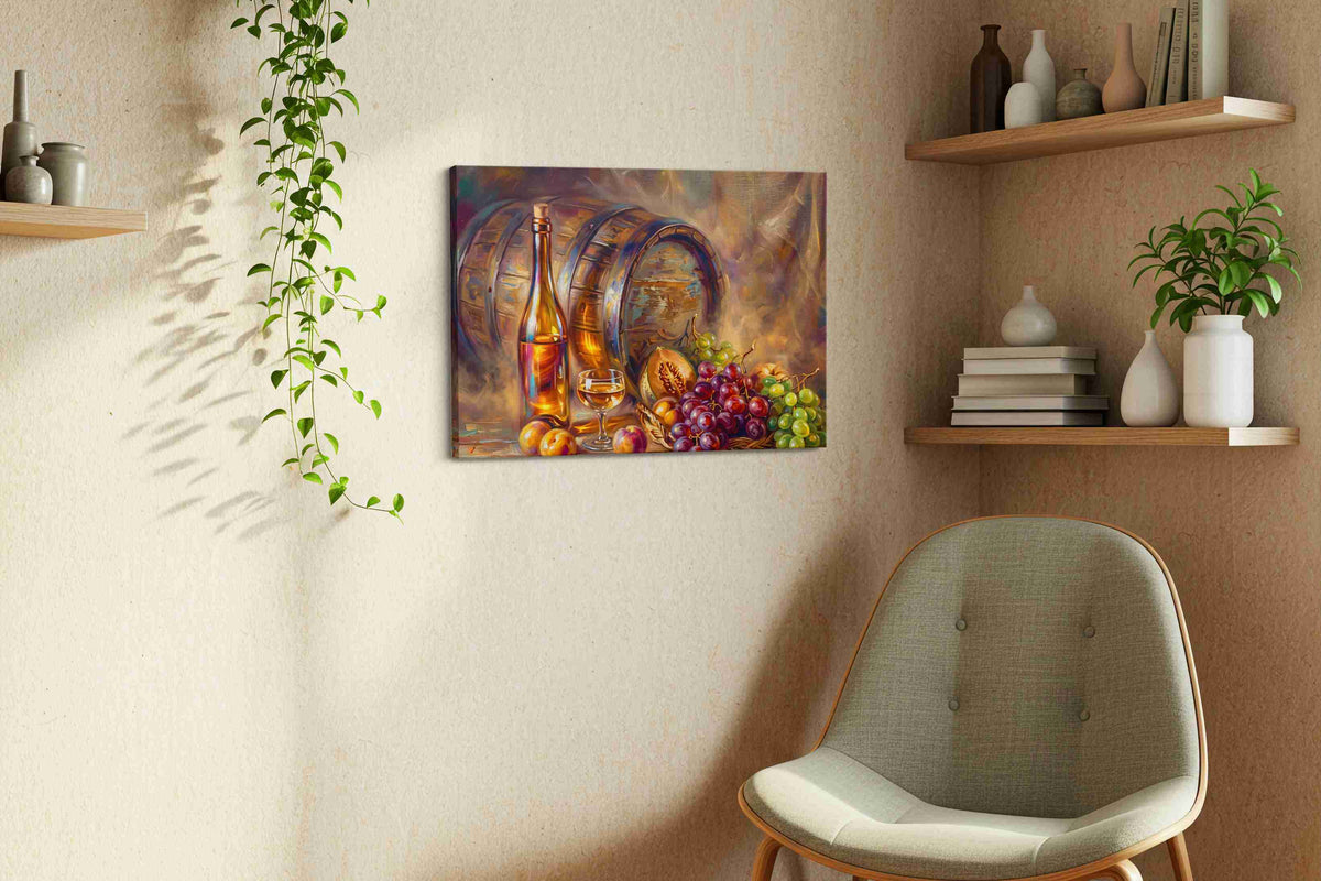 Harvest in a Bottle wine canvas print, displayed in a living room