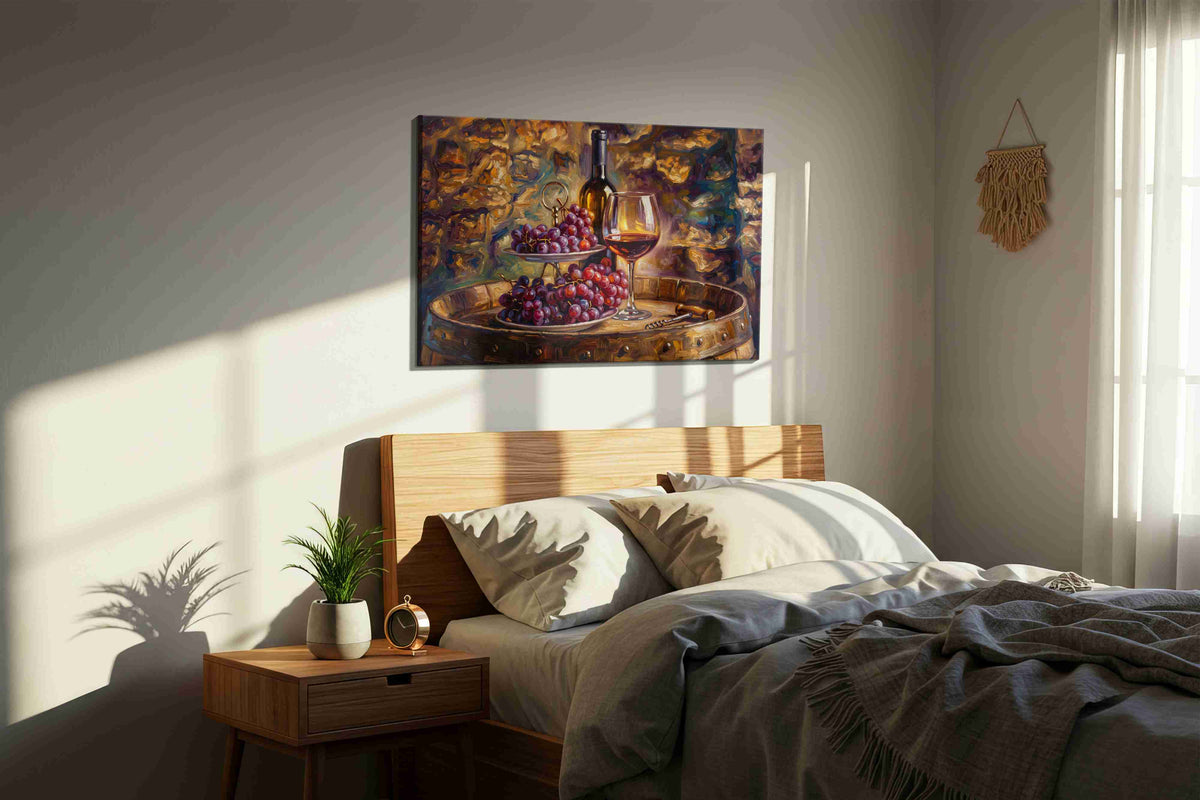 Harvest of Crimson Vines wine canvas print, displayed in a bedroom