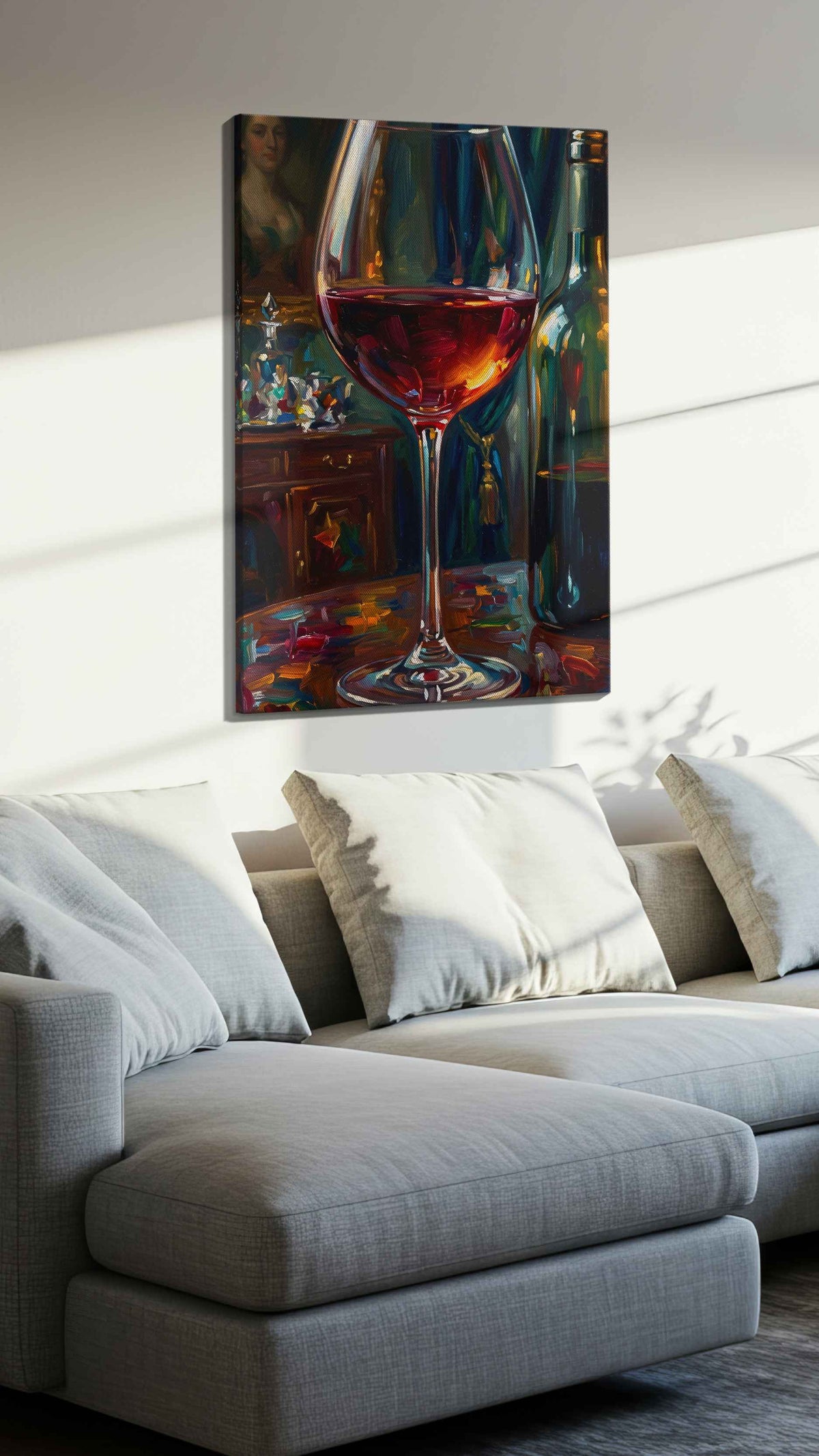 Reflections in Red wine canvas print, displayed in a living room