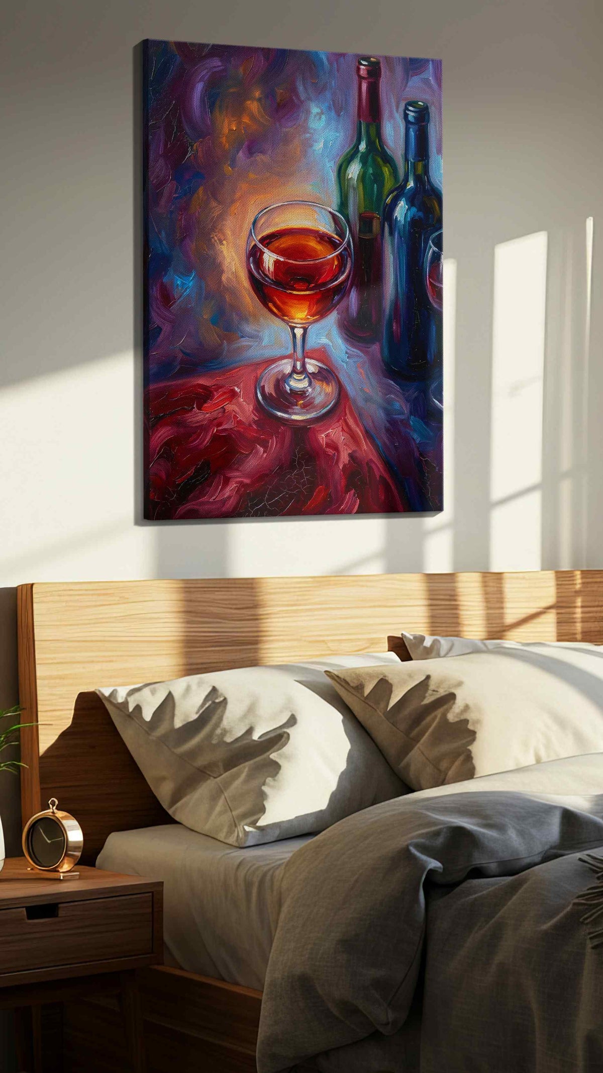 Symphony of Reds wine canvas print, displayed in a bedroom