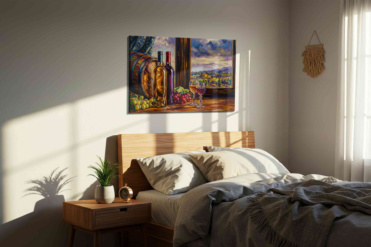 Tuscan Vineyard Reflections wine canvas print, displayed in a bedroom