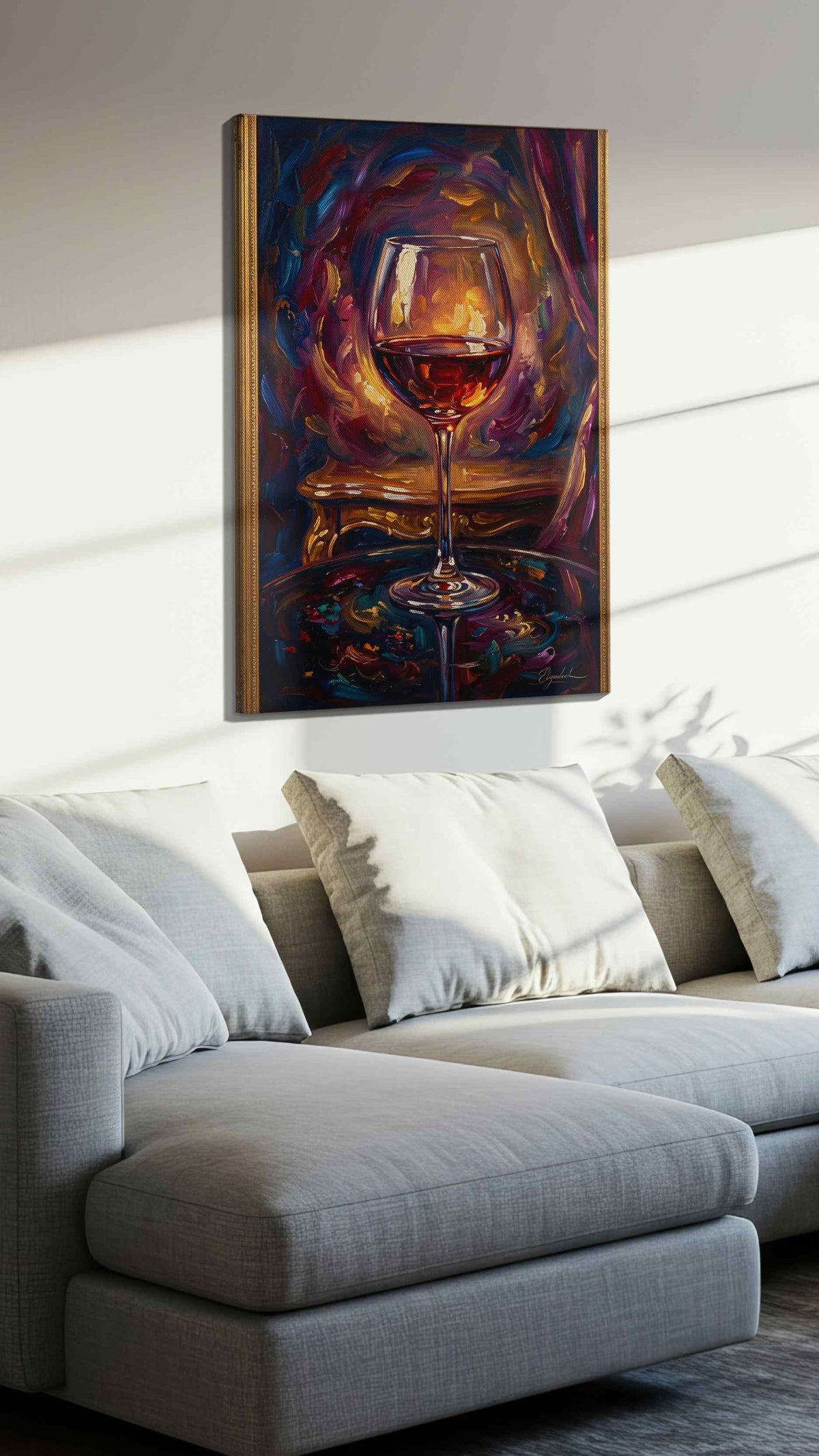 Velvet Sip Under Candlelight wine canvas print, displayed in a living room