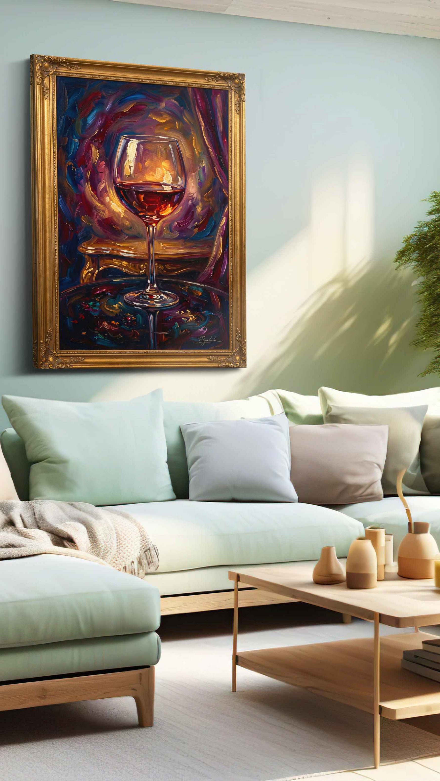 Velvet Sip Under Candlelight wine canvas print shown in a wall scene