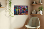 Vibrant Vino Vibes wine canvas print, displayed in a living room