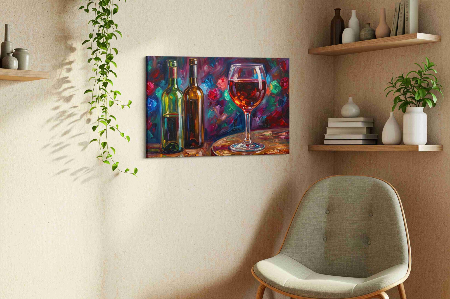 Vibrant Vino Vibes wine canvas print, displayed in a living room