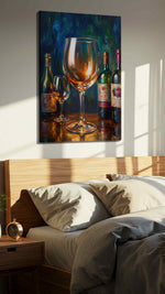 Vibrant Vintage Reflections wine canvas print, displayed in a bedroom