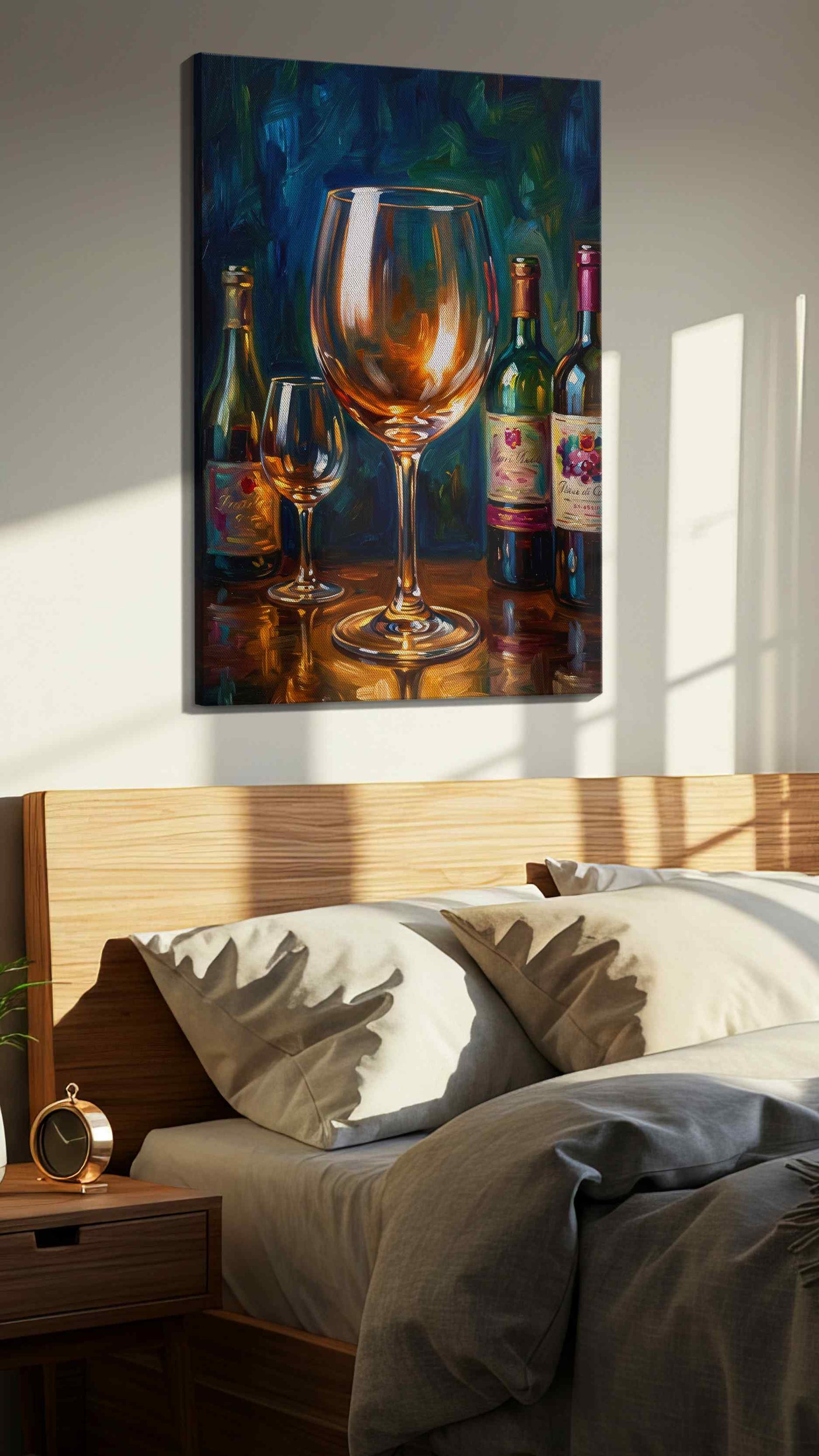 Vibrant Vintage Reflections wine canvas print, displayed in a bedroom