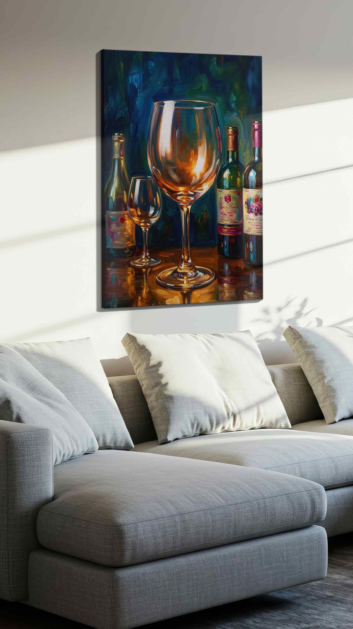 Vibrant Vintage Reflections wine canvas print, displayed in a living room