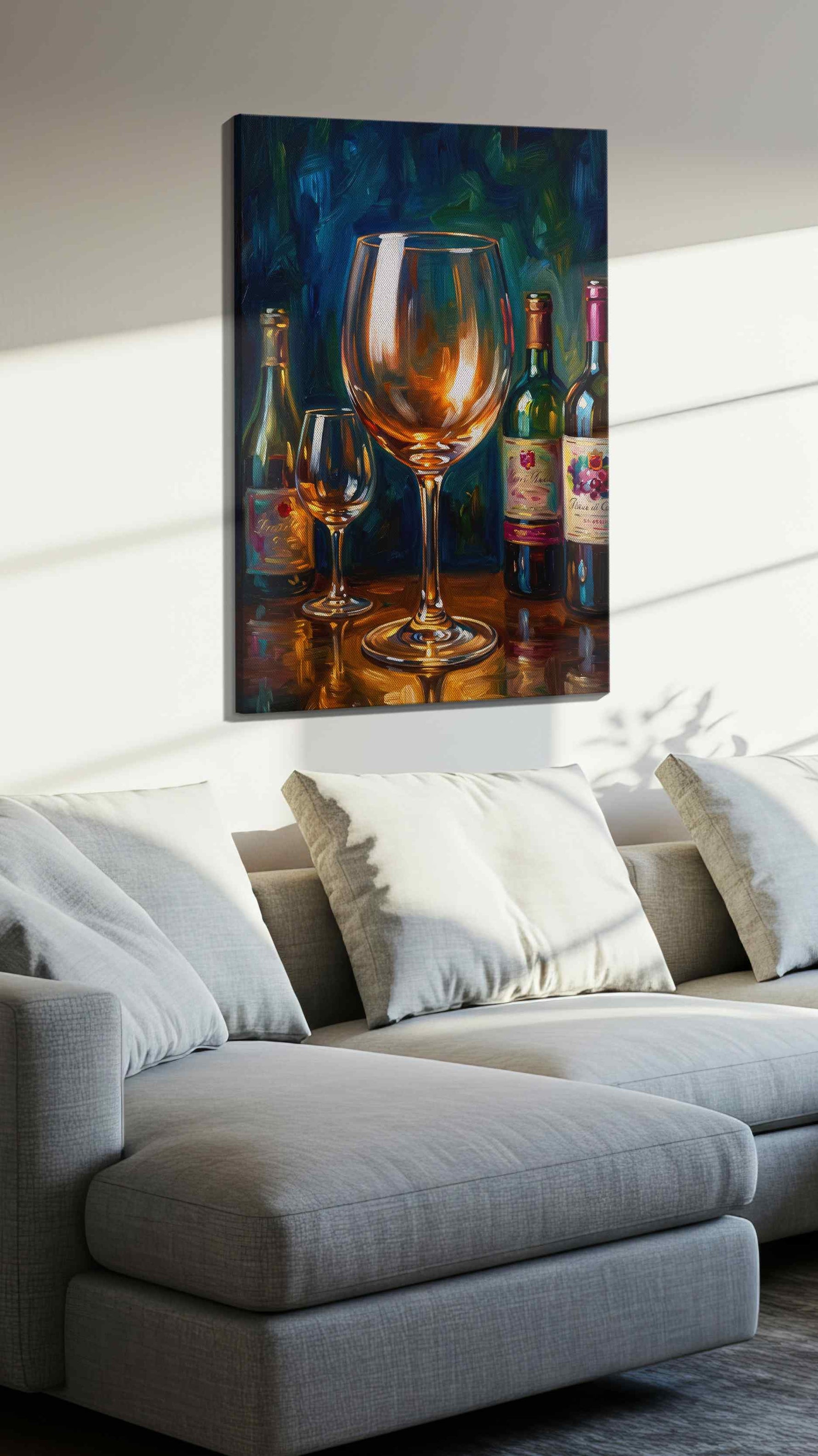 Vibrant Vintage Reflections wine canvas print, displayed in a living room
