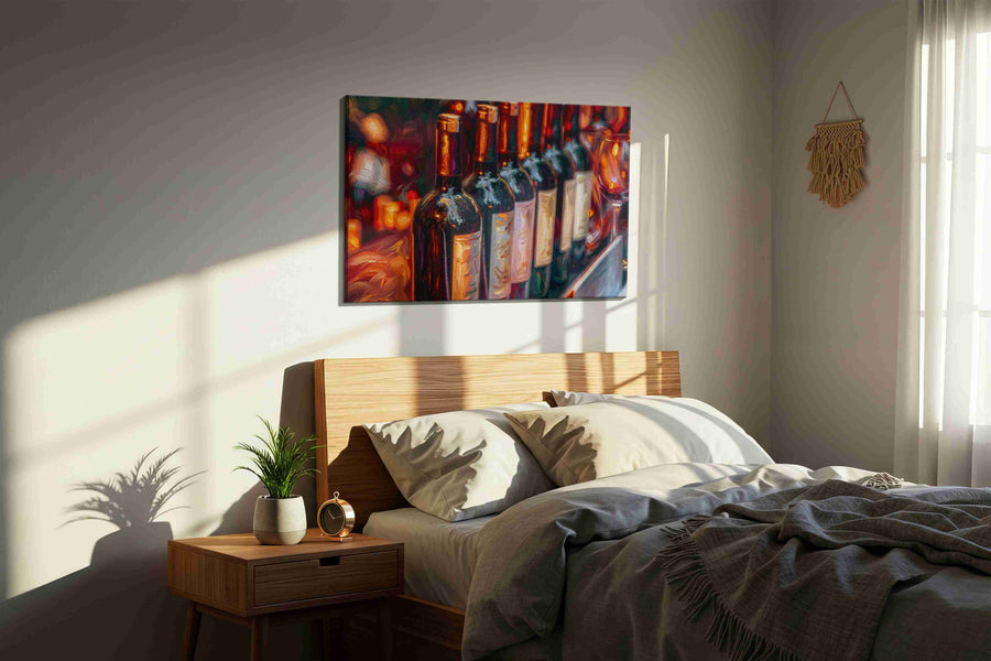Vibrant Vintages at Sunset wine canvas print, displayed in a bedroom
