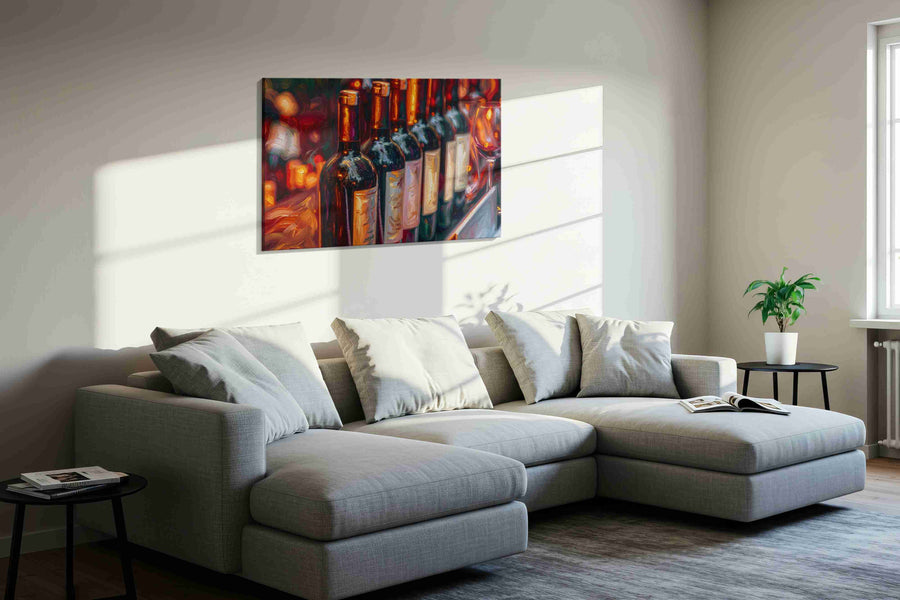 Vibrant Vintages at Sunset wine canvas print, displayed in a living room