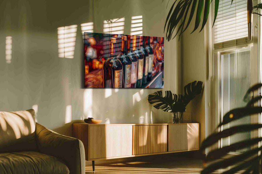 Vibrant Vintages at Sunset wine canvas print in a hung canvas mockup