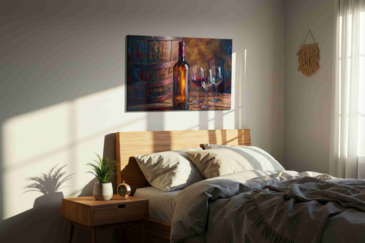Vin Rouge Reflections wine canvas print, displayed in a bedroom