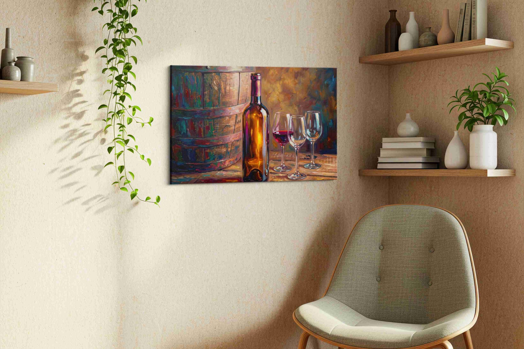 Vin Rouge Reflections wine canvas print, displayed in a living room
