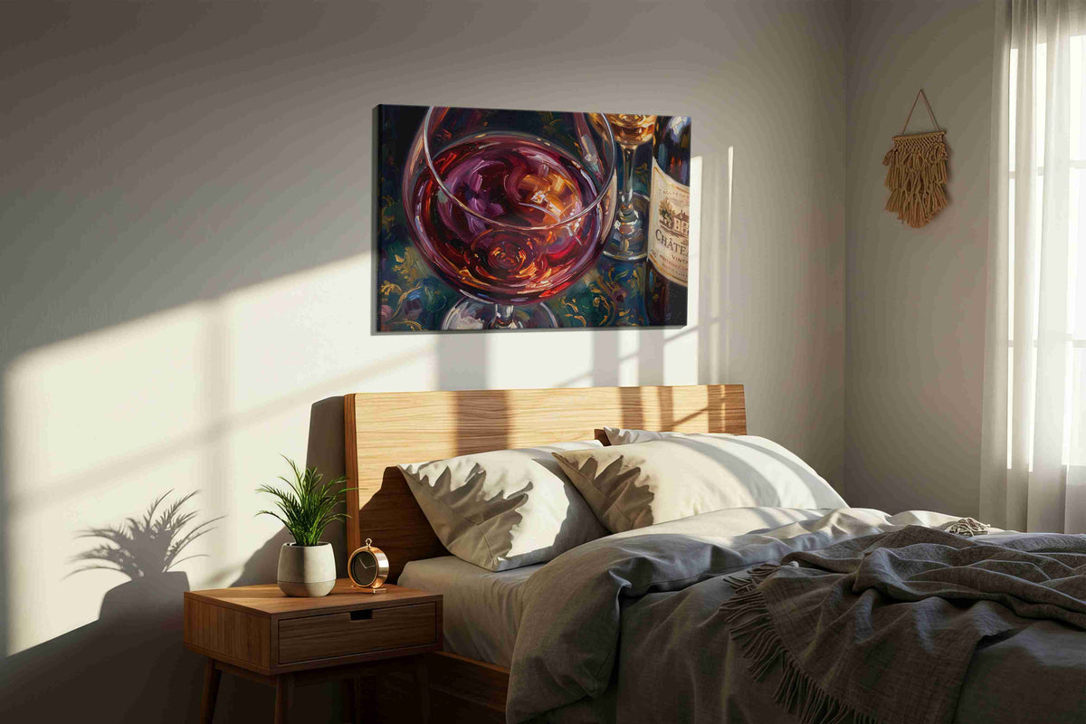 Vin Rouge Reverie II wine canvas print, displayed in a bedroom