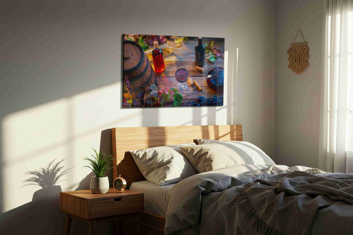 Vineyard Symphony II wine canvas print, displayed in a bedroom