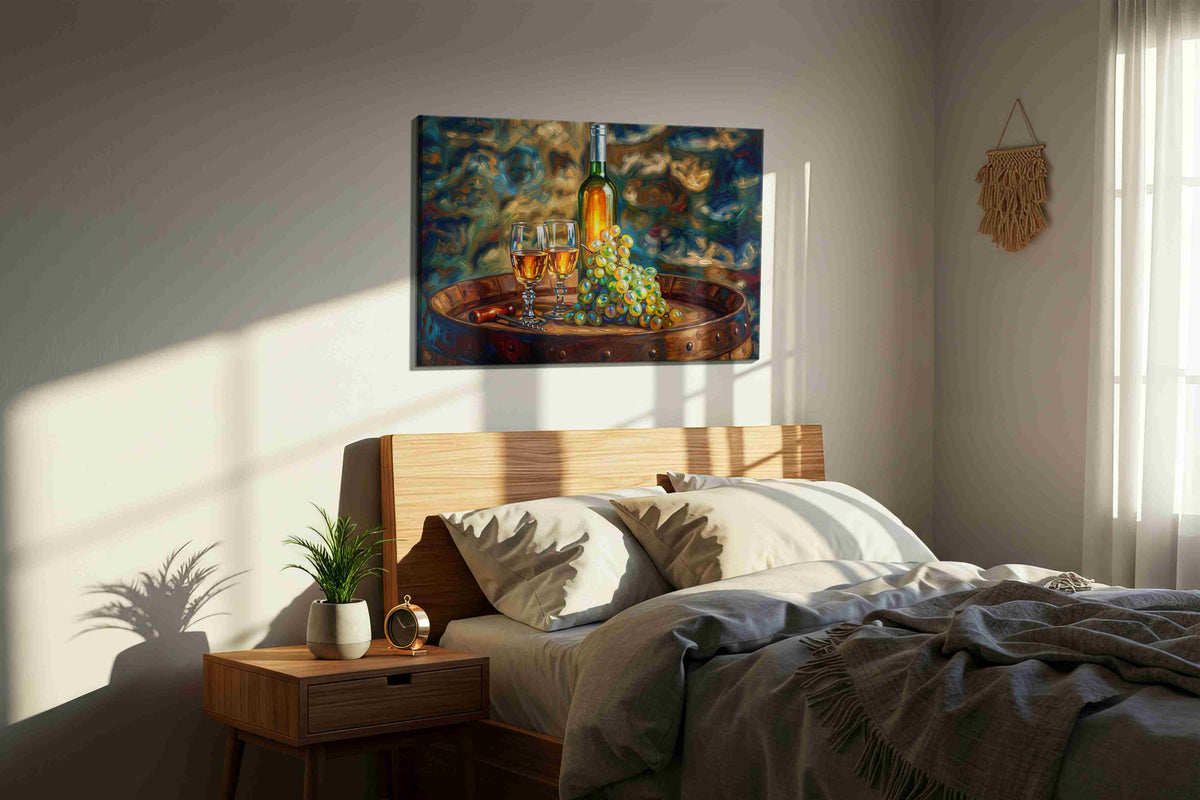 Vineyard Symphony III wine canvas print, displayed in a bedroom