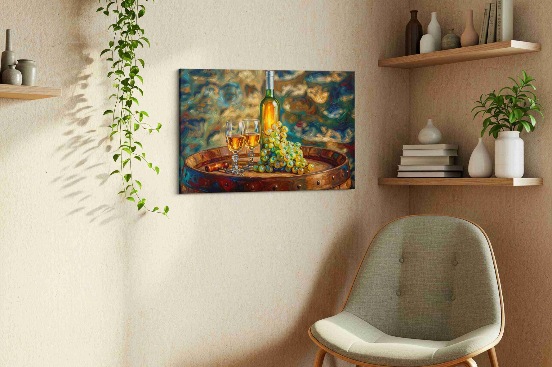 Vineyard Symphony III wine canvas print styled in a living room