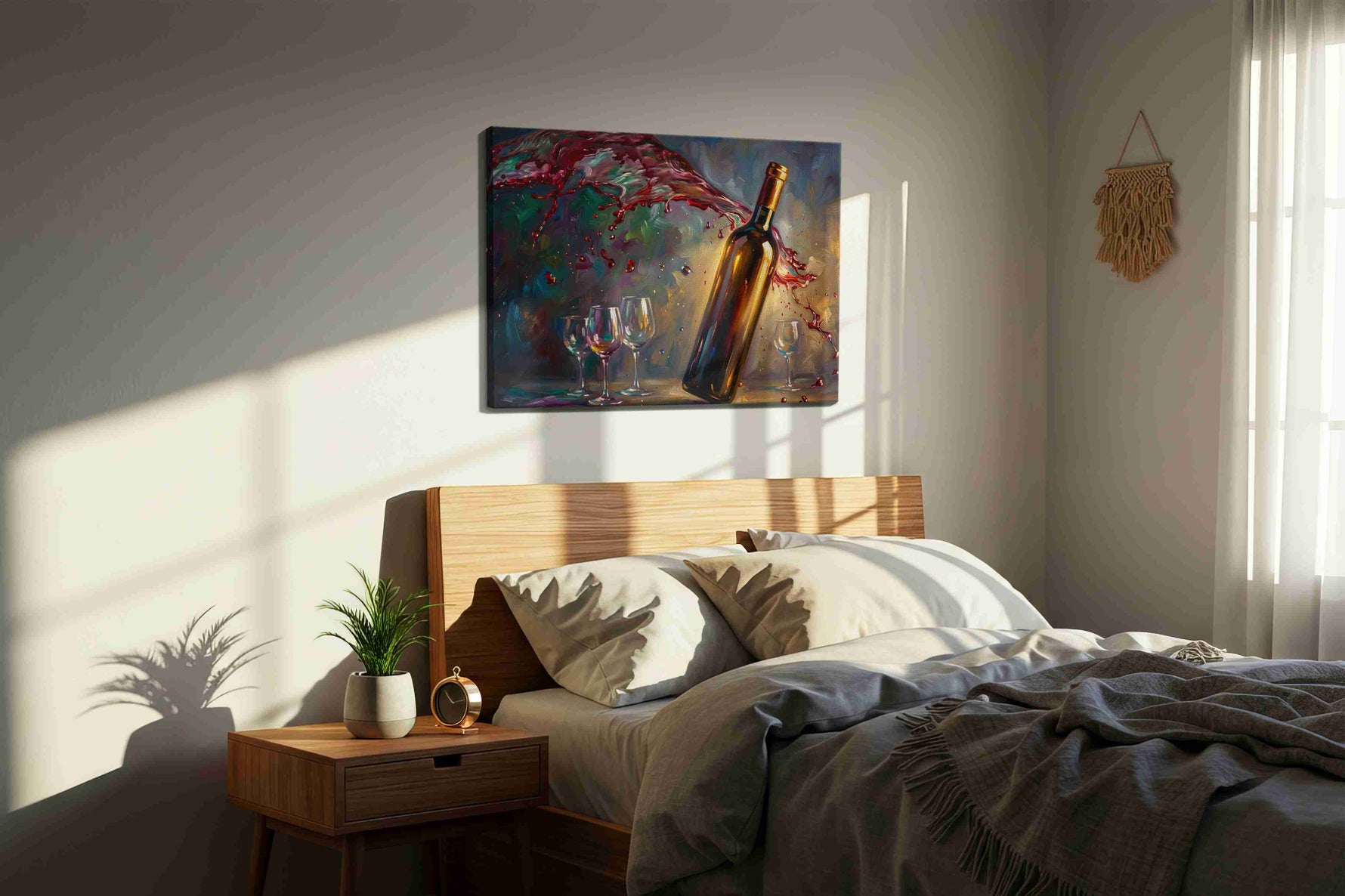 Vino's Dance of Light wine canvas print, displayed in a bedroom
