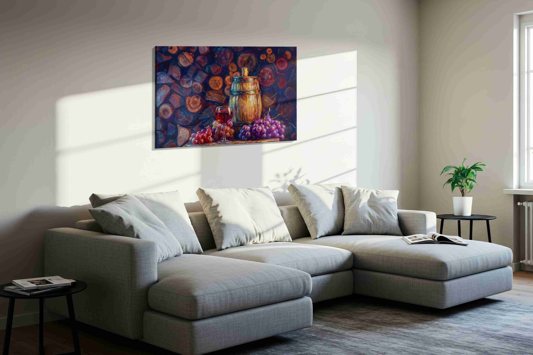 Vintage Vines and Oak wine canvas print, displayed in a living room