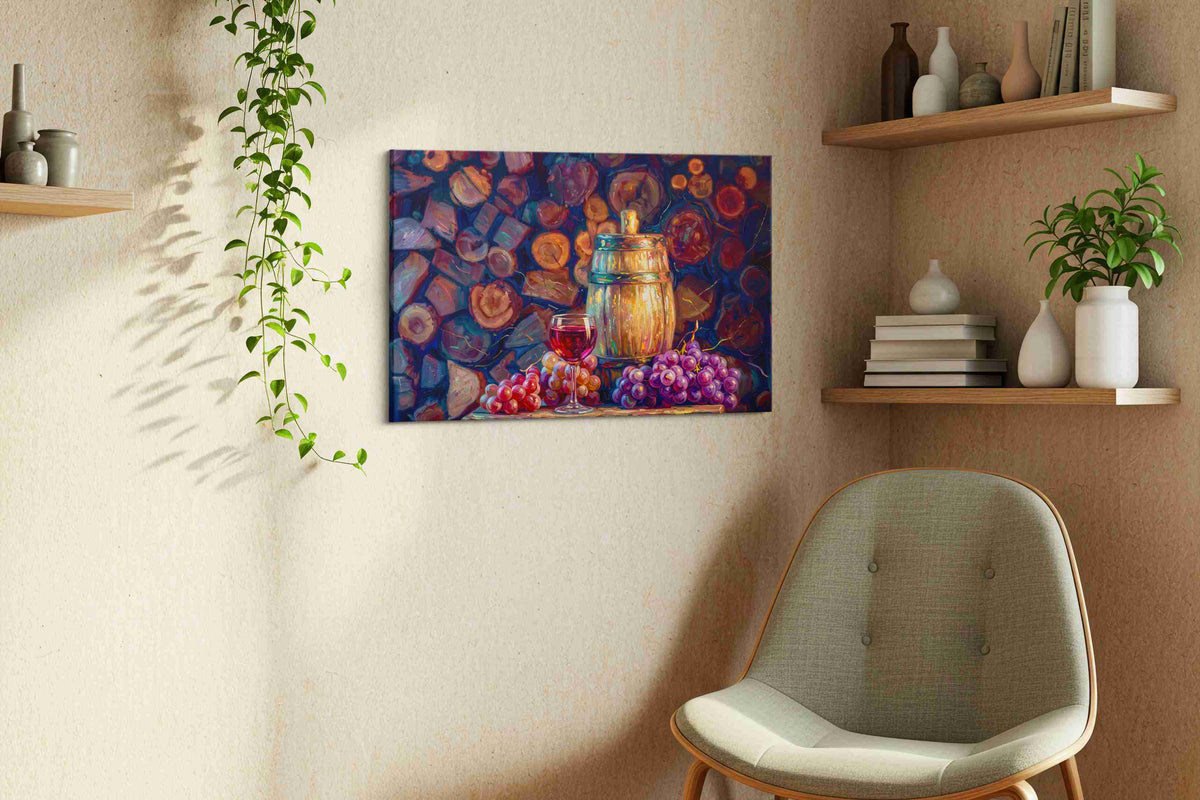 Vintage Vines and Oak wine canvas print styled in a living room
