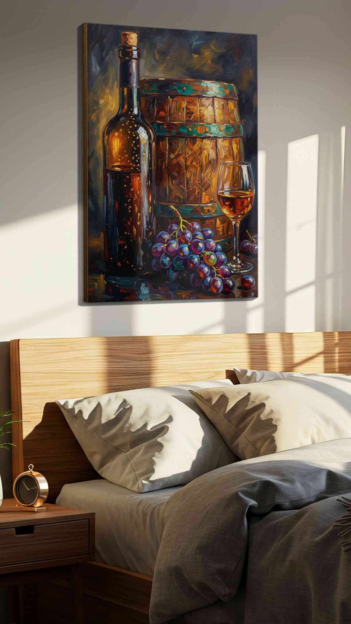 Vintage Vineyard Essence wine canvas print, displayed in a bedroom