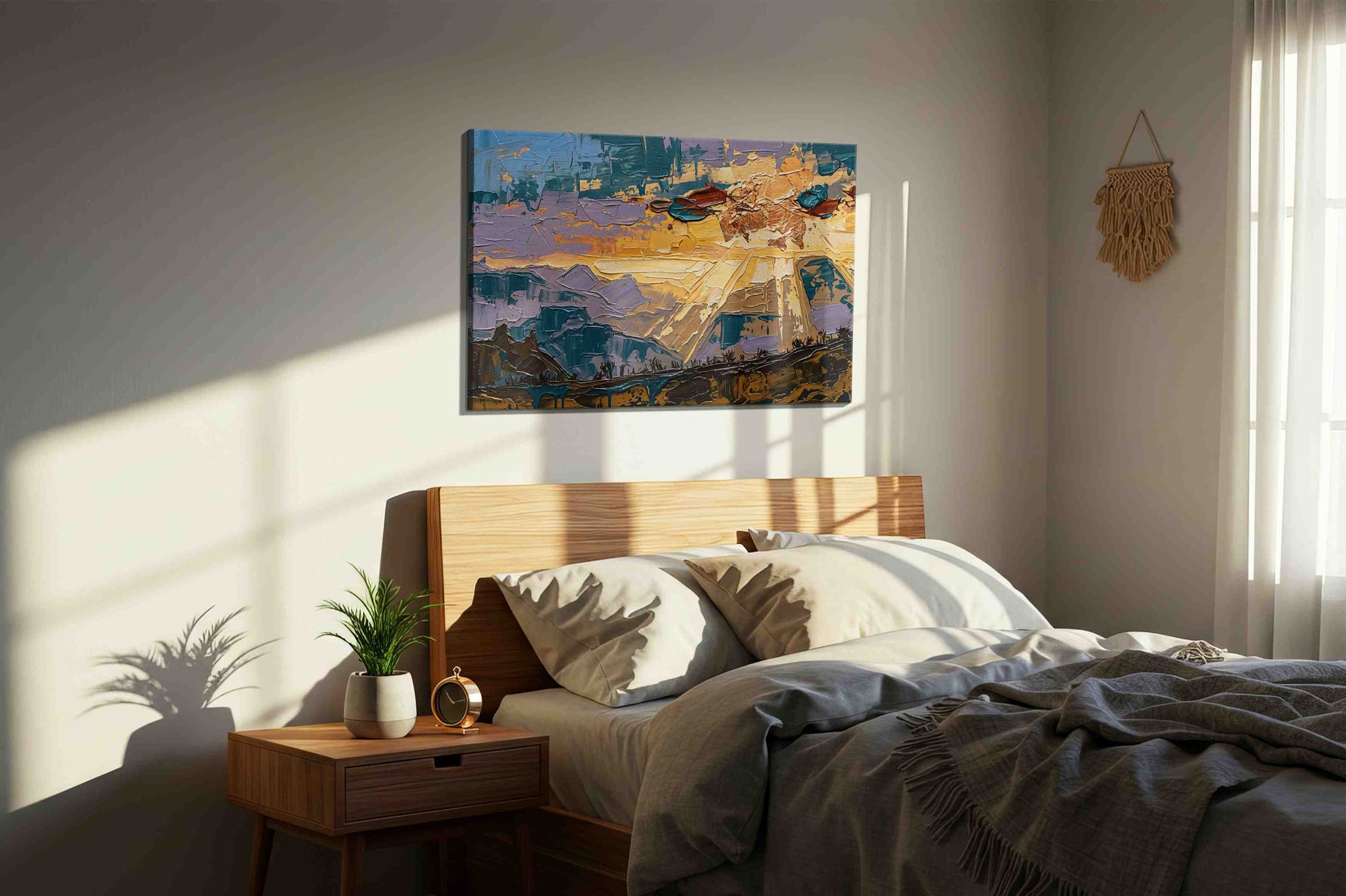 Ethereal Sunrise Symphony (Abstract) - Landscape, Landscape Canvas Print, Scenic Wall Art, Nature Canvas Art in a bedroom scene
