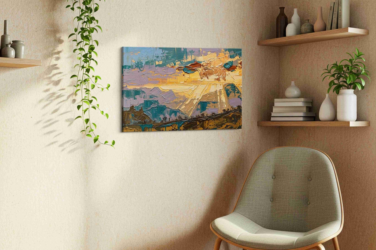 Ethereal Sunrise Symphony landscape canvas print, displayed in a living room