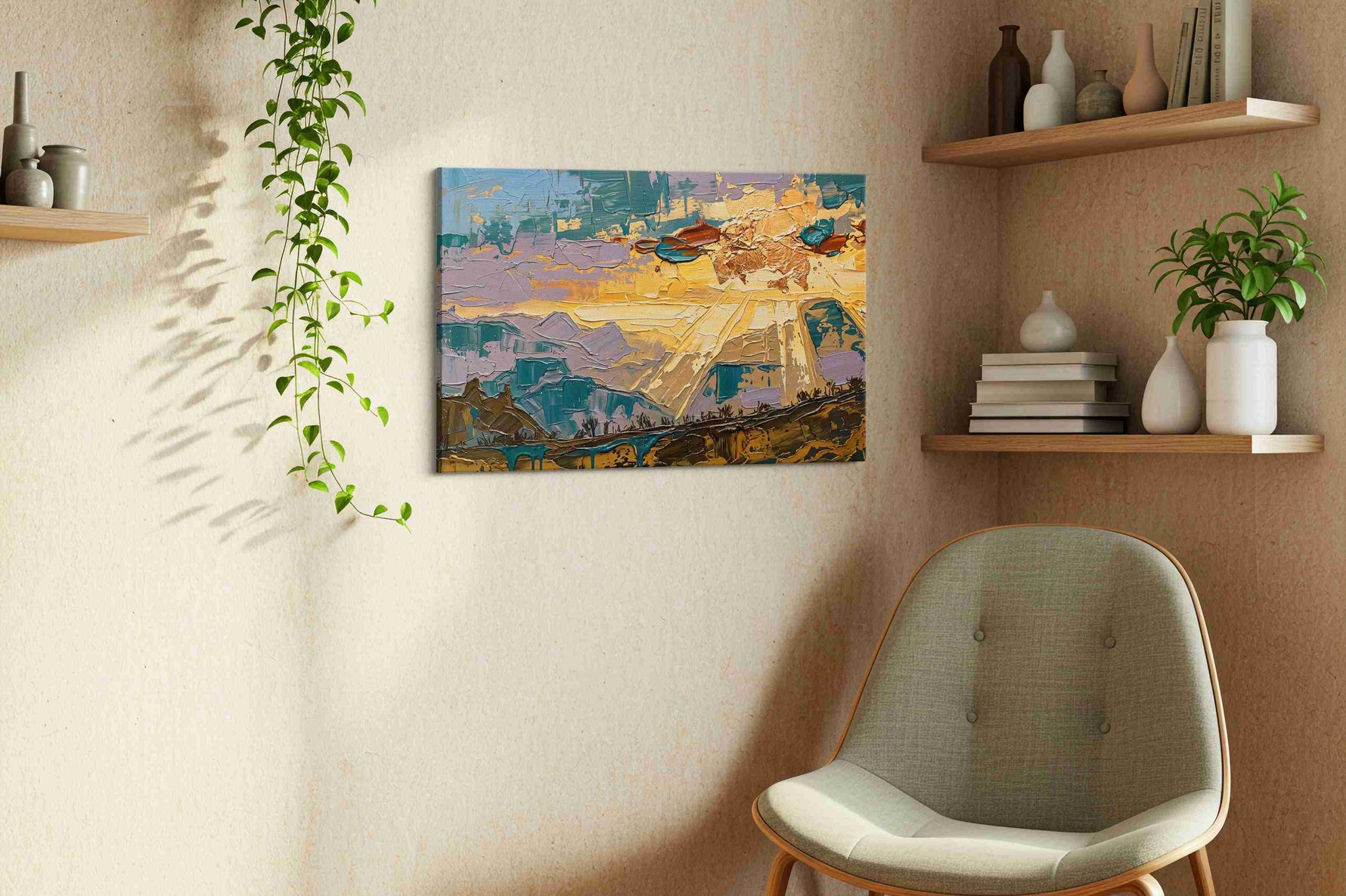 Ethereal Sunrise Symphony landscape canvas print, displayed in a living room