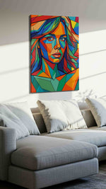 Kaleidoscopic Gaze portraits canvas print, displayed in a living room