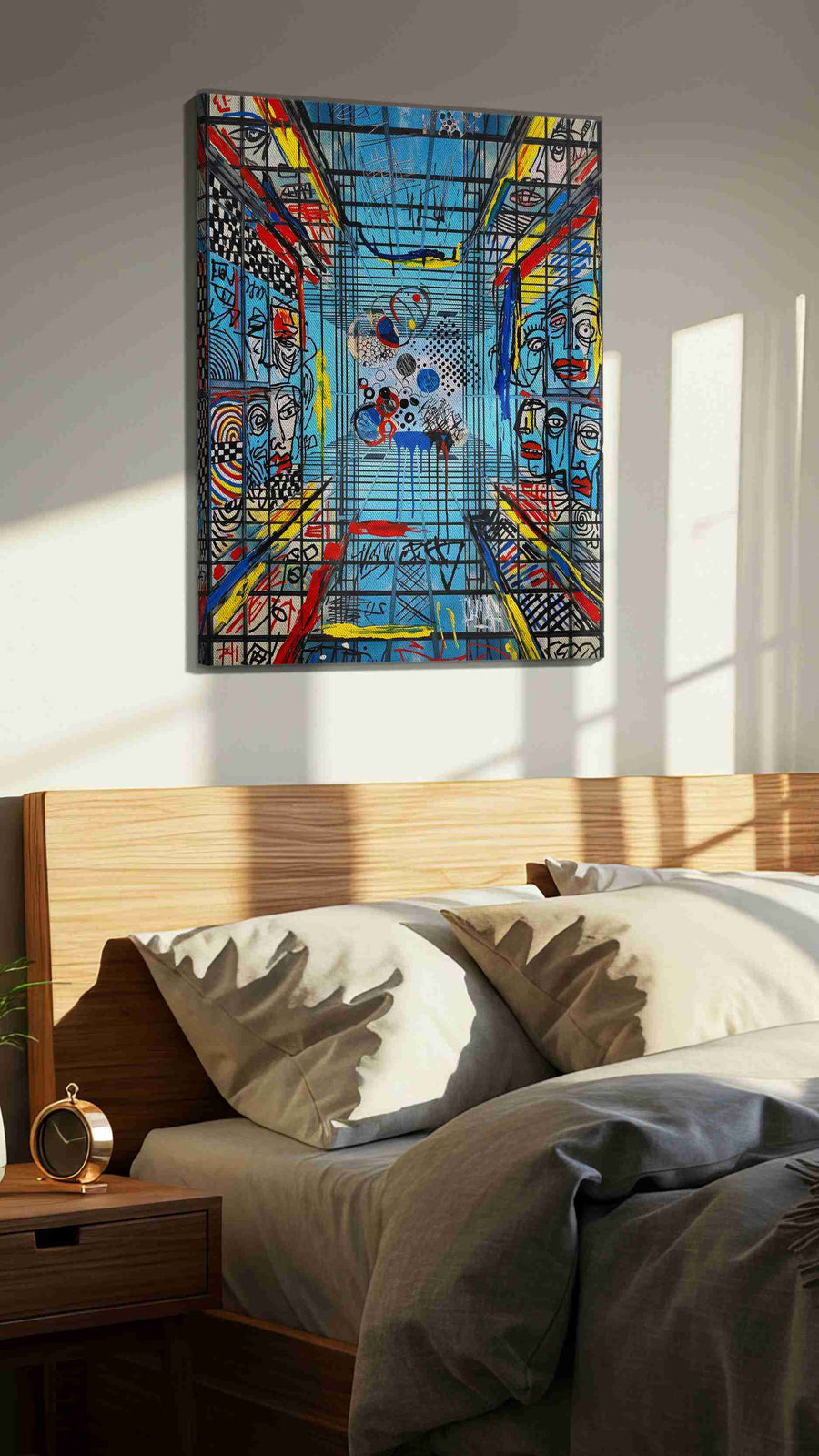 Labyrinthine Echoes modern canvas print, displayed in a bedroom