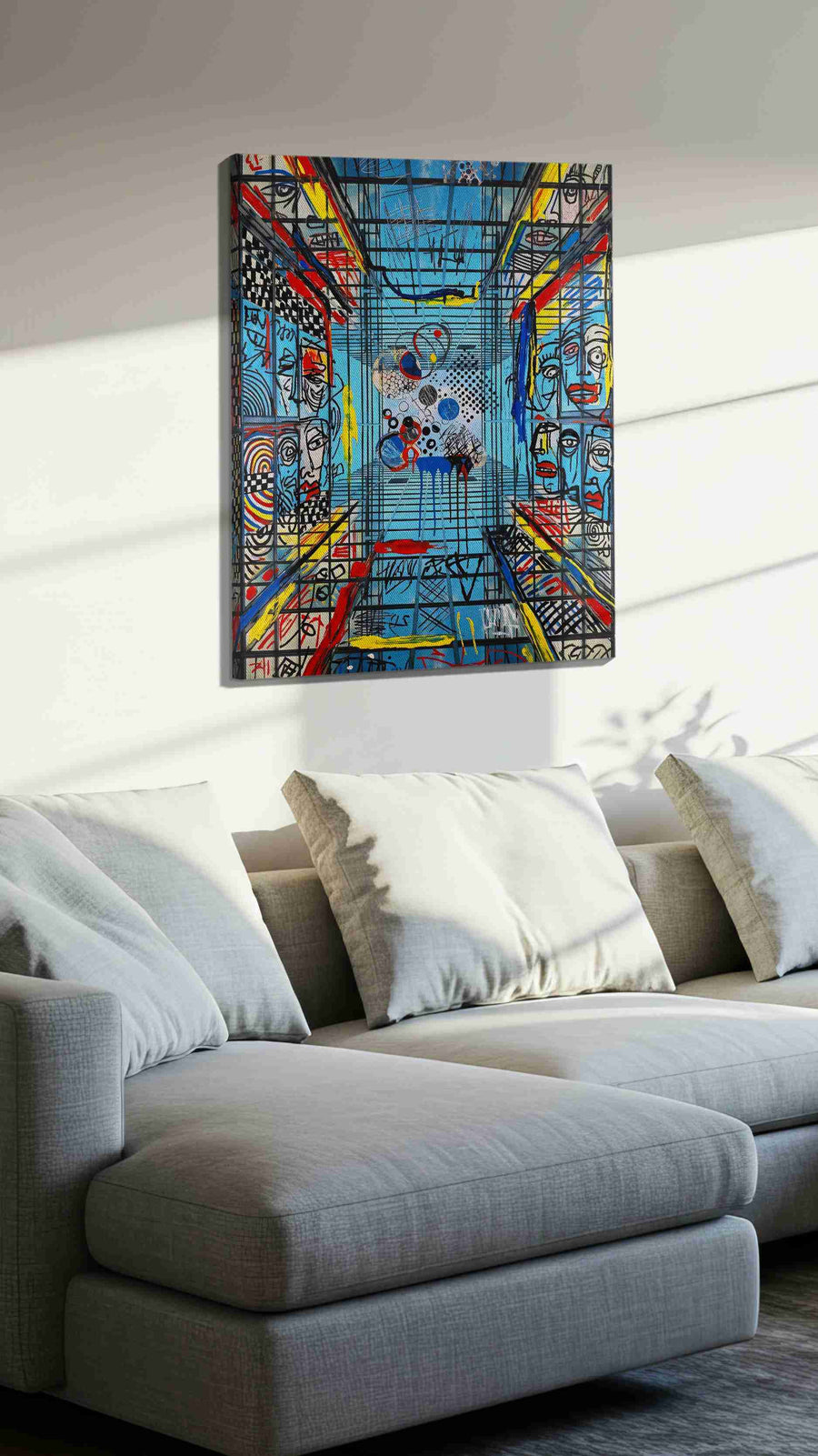 Labyrinthine Echoes modern canvas print, displayed in a living room
