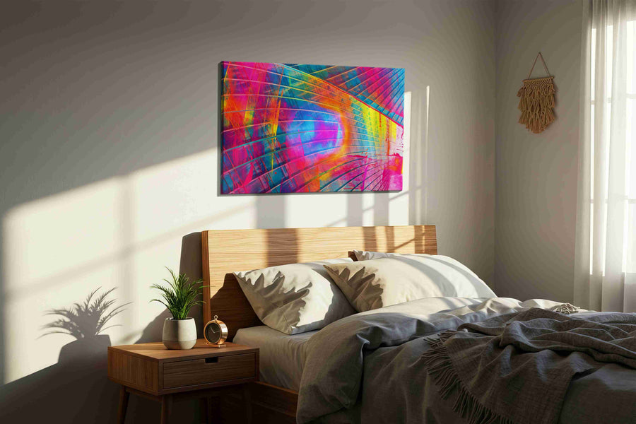 Prismatic Vortex modern canvas print, displayed in a bedroom
