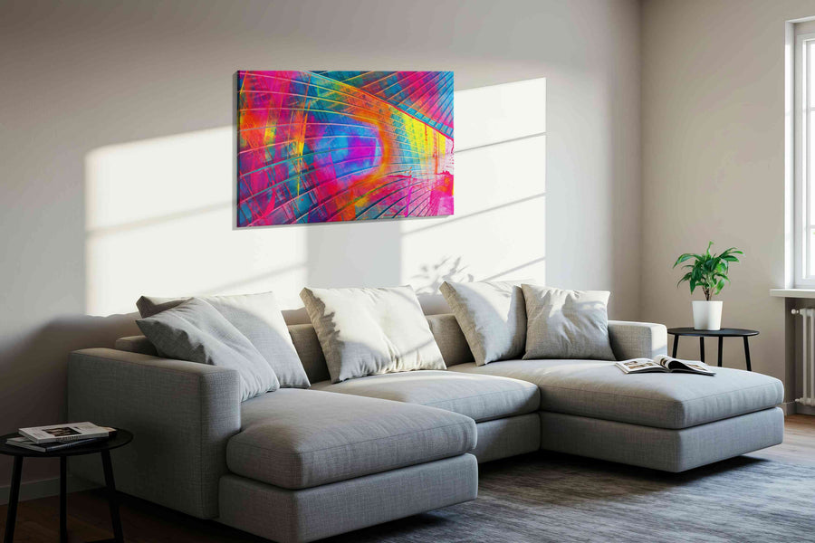 Prismatic Vortex modern canvas print, displayed in a living room