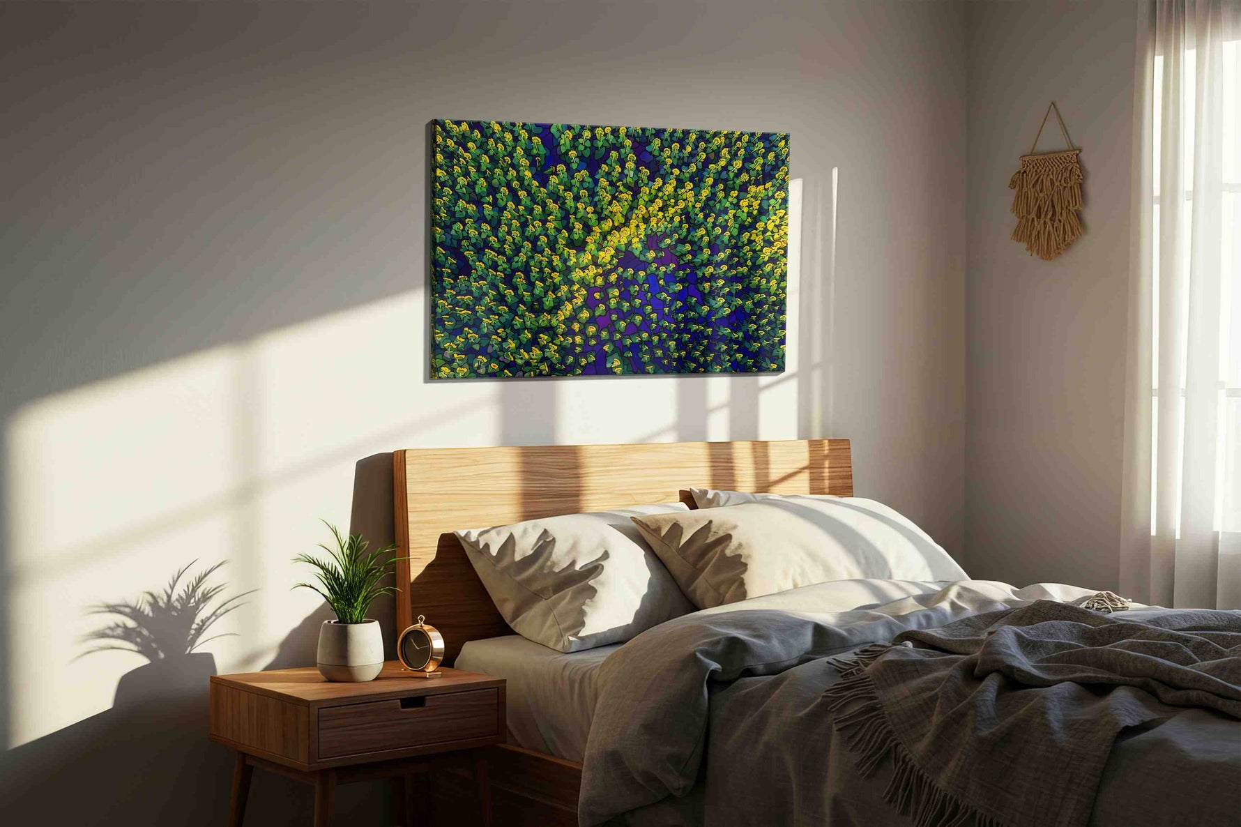 Sunlit Mosaic Blossoms sunflowers canvas print, displayed in a bedroom