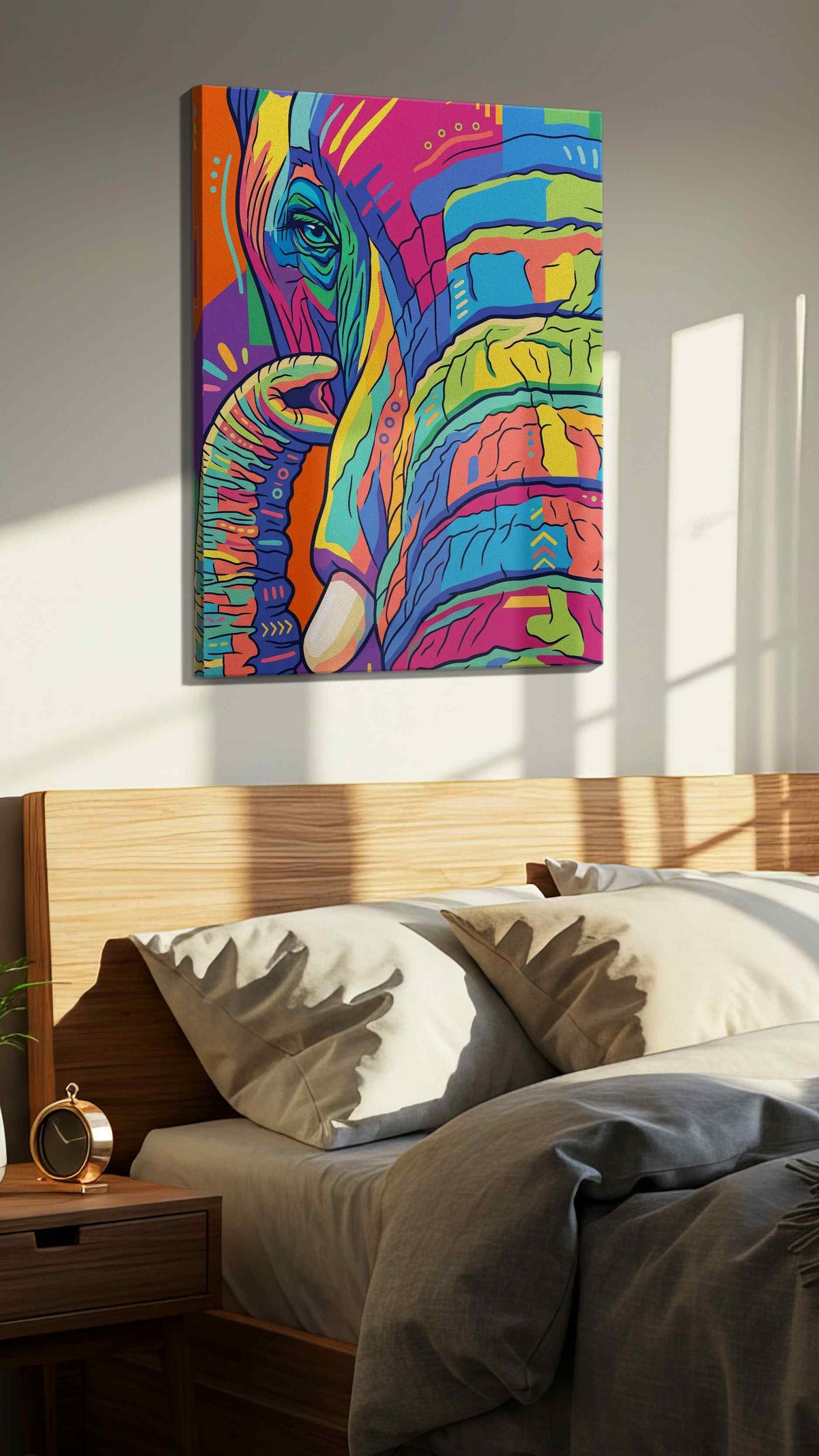 Vibrant Elephant Reverie (Abstract) - Animals, Animal Wall Art, Wildlife Canvas Print, Animal Lover Decor in a bedroom scene