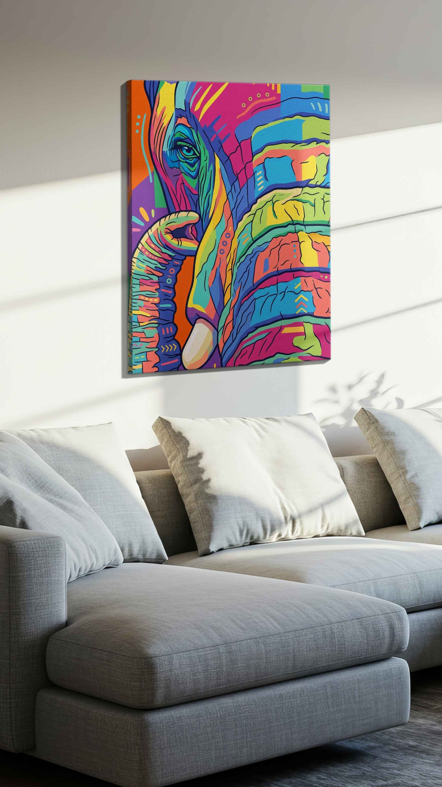 Vibrant Elephant Reverie abstract canvas print, displayed in a living room