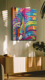 Vibrant Elephant Reverie abstract canvas print in a hung canvas mockup