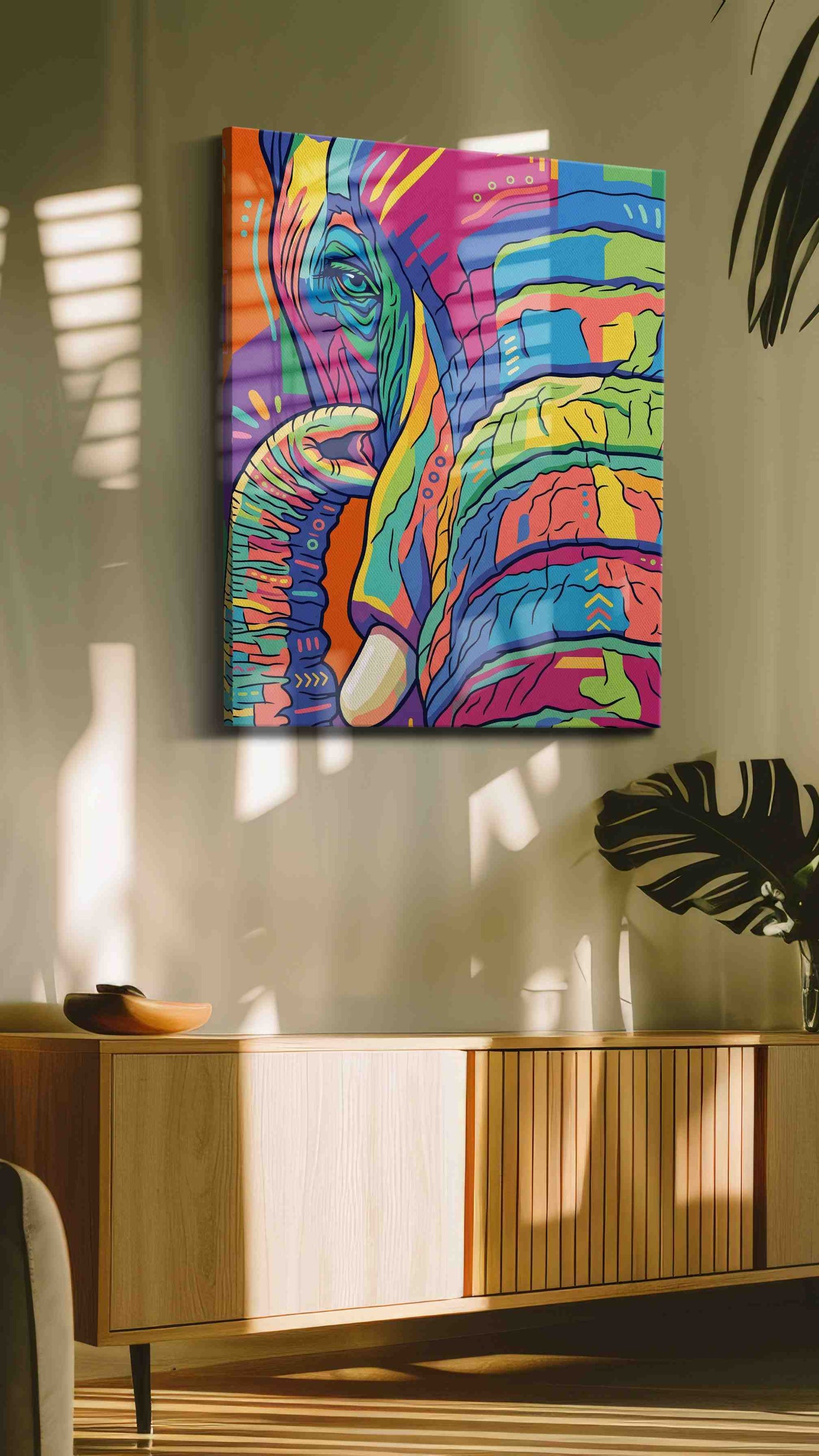 Vibrant Elephant Reverie abstract canvas print in a hung canvas mockup