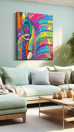 Vibrant Elephant Reverie abstract canvas print, hanging on wall