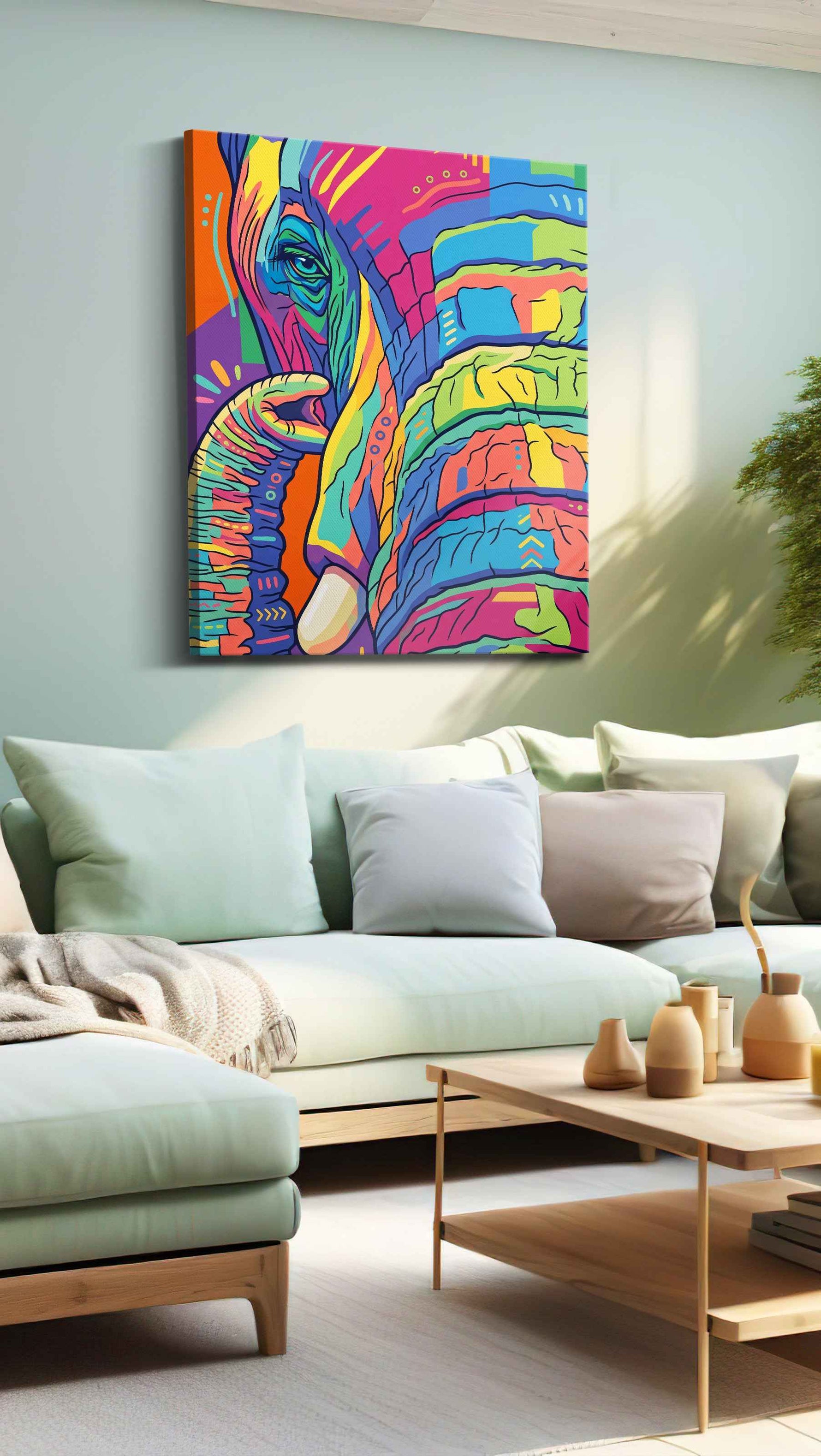 Vibrant Elephant Reverie abstract canvas print, hanging on wall