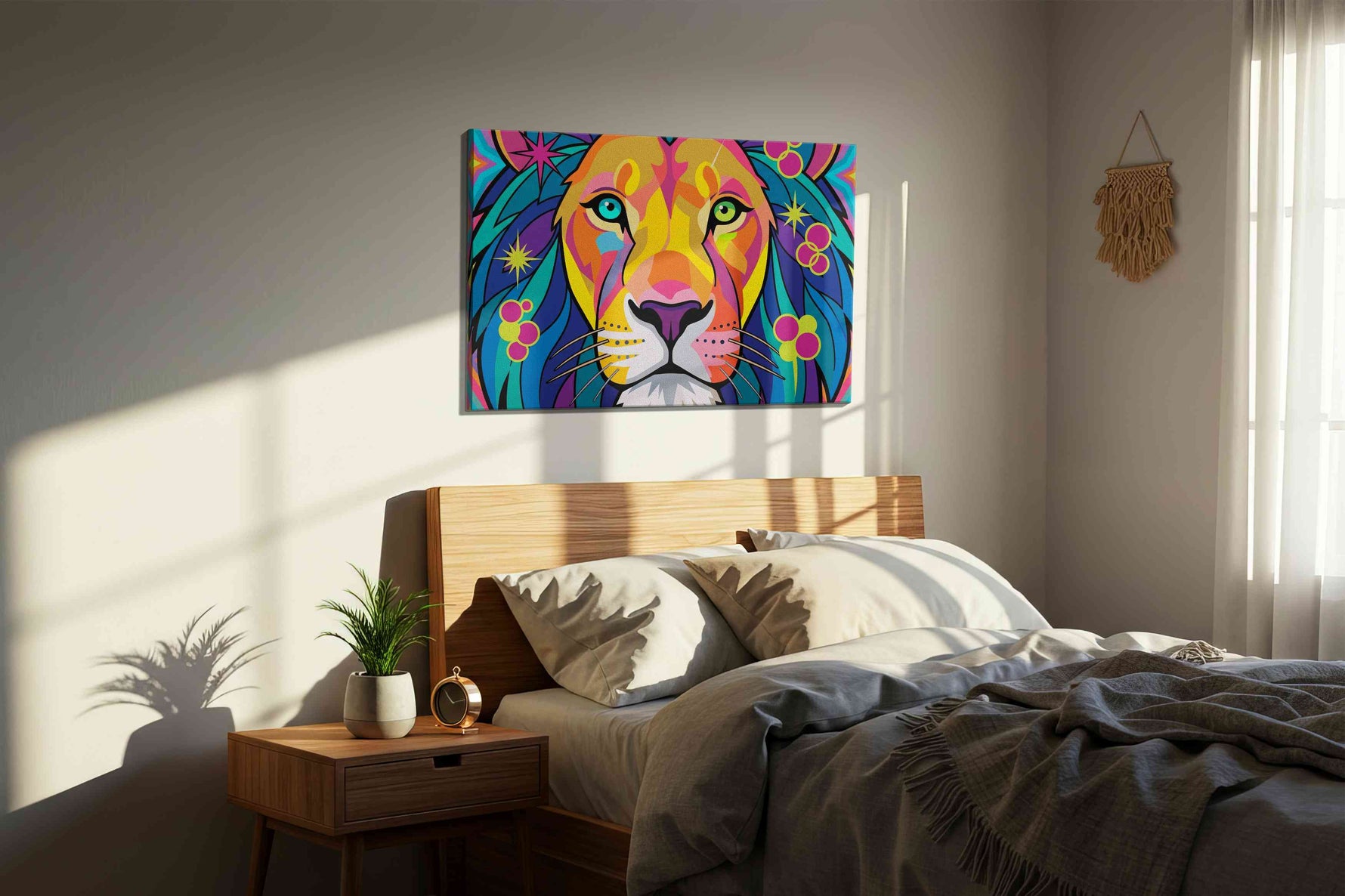 Vibrant Majesty animals canvas print, displayed in a bedroom