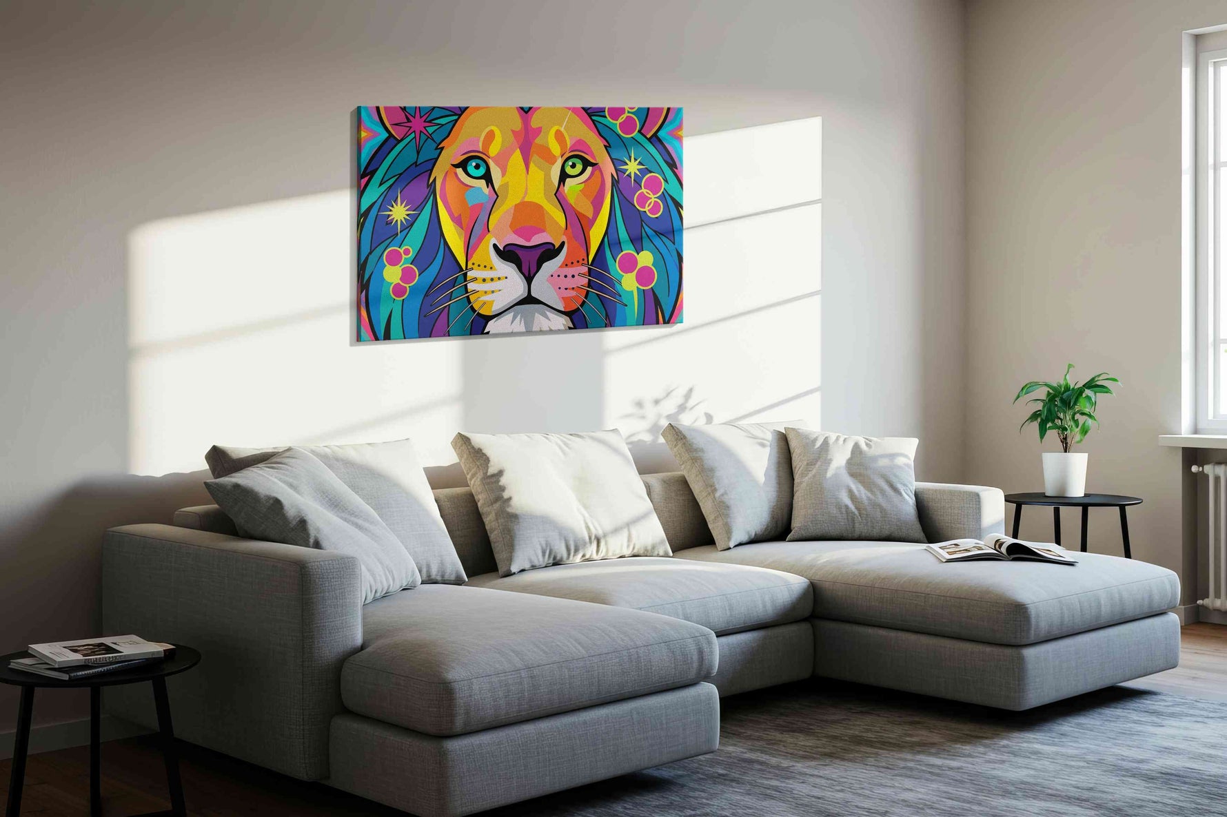 Vibrant Majesty animals canvas print, displayed in a living room