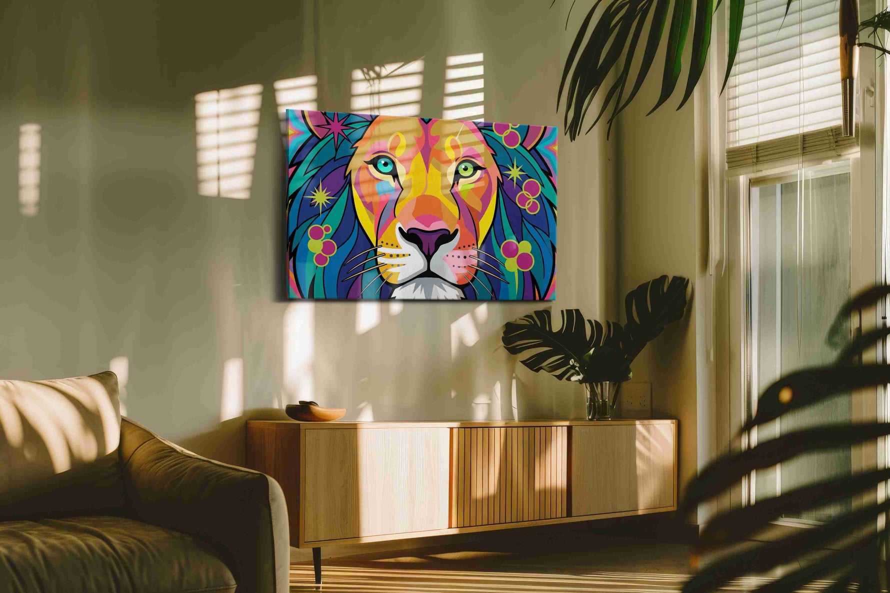 Vibrant Majesty animals canvas print in a contemporary interior mockup