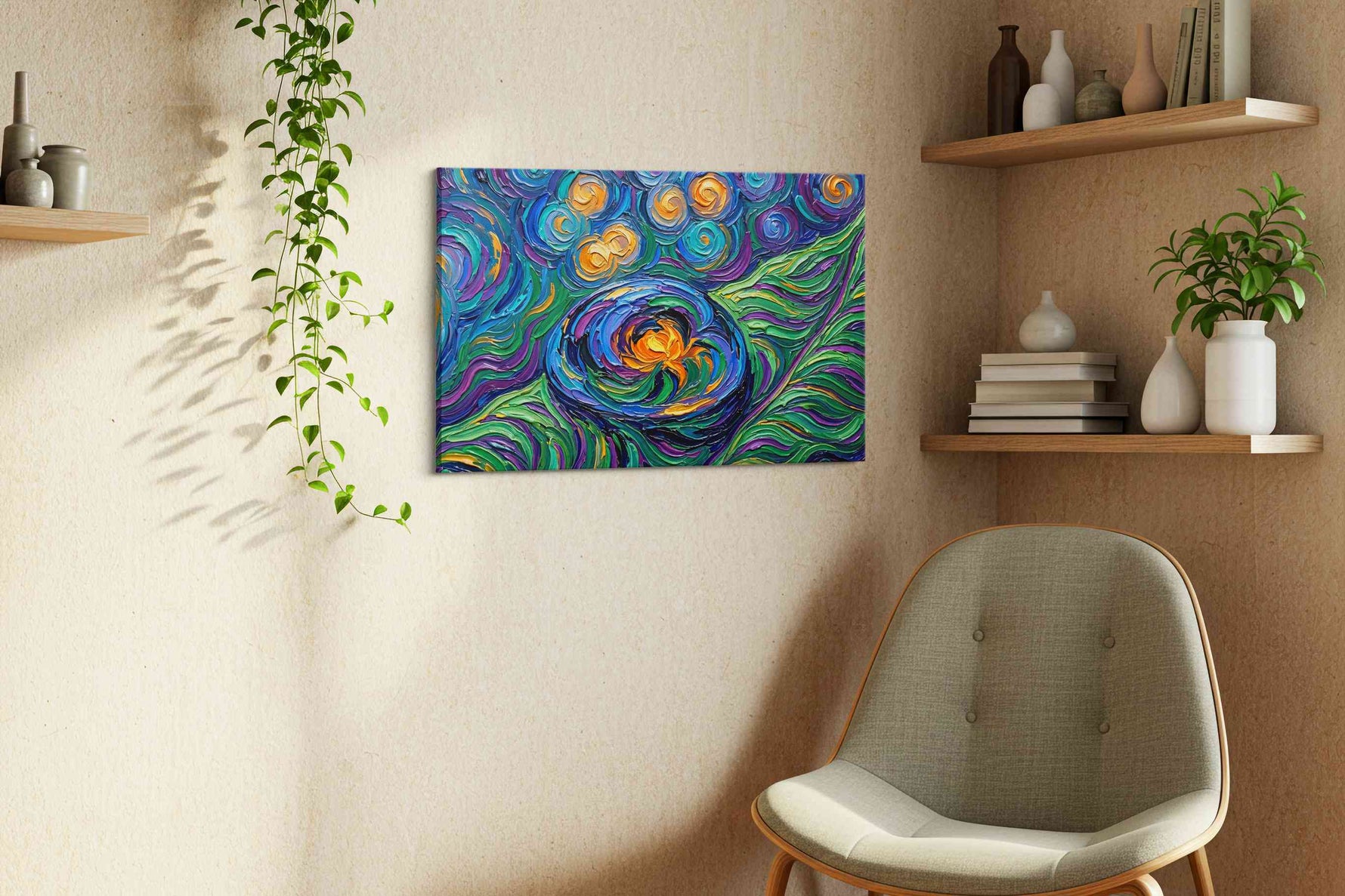 Whirl of Vibrant Dreams nature canvas print, displayed in a living room