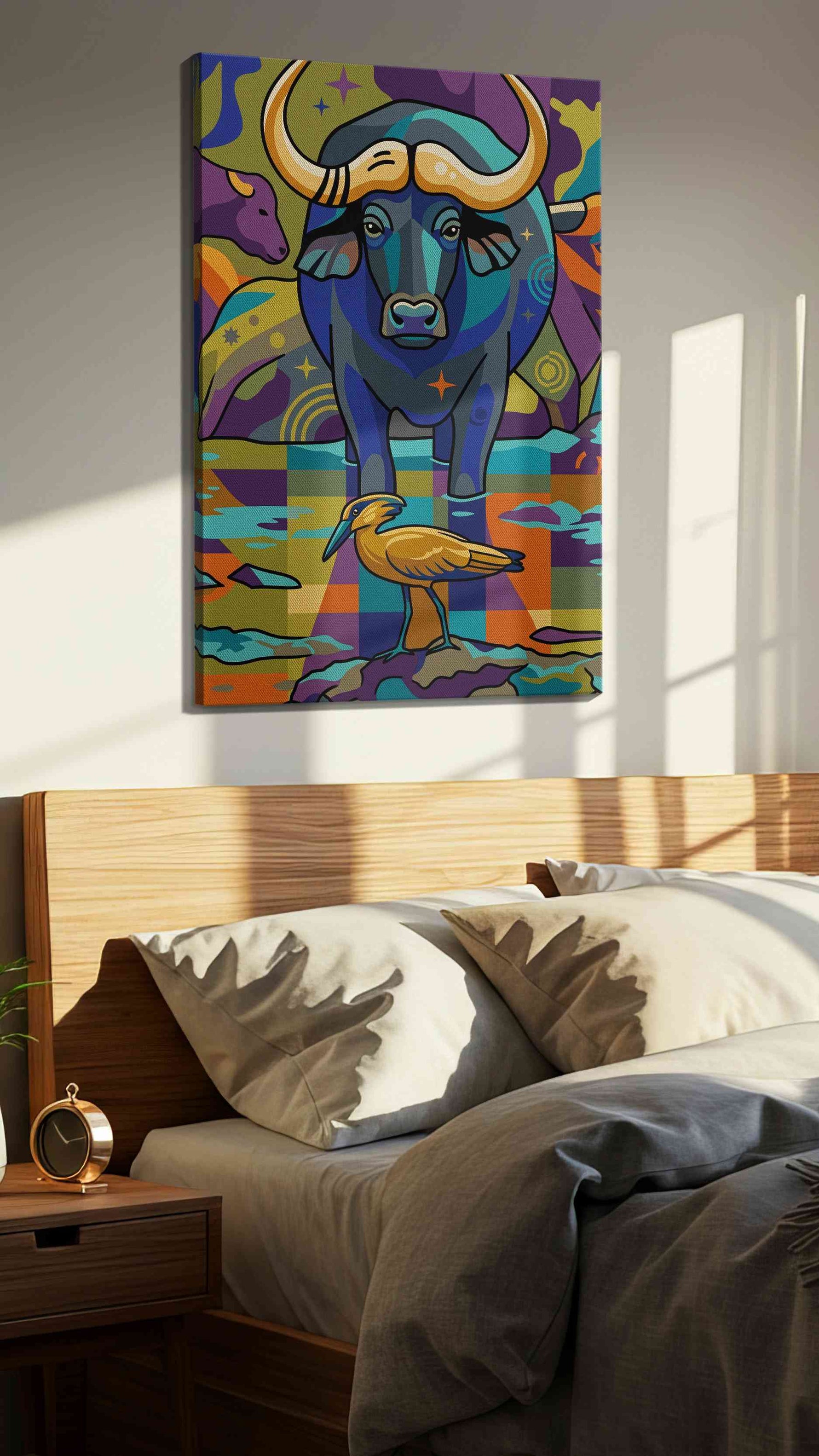 Cosmic Wilderness Harmony animals canvas print, displayed in a bedroom