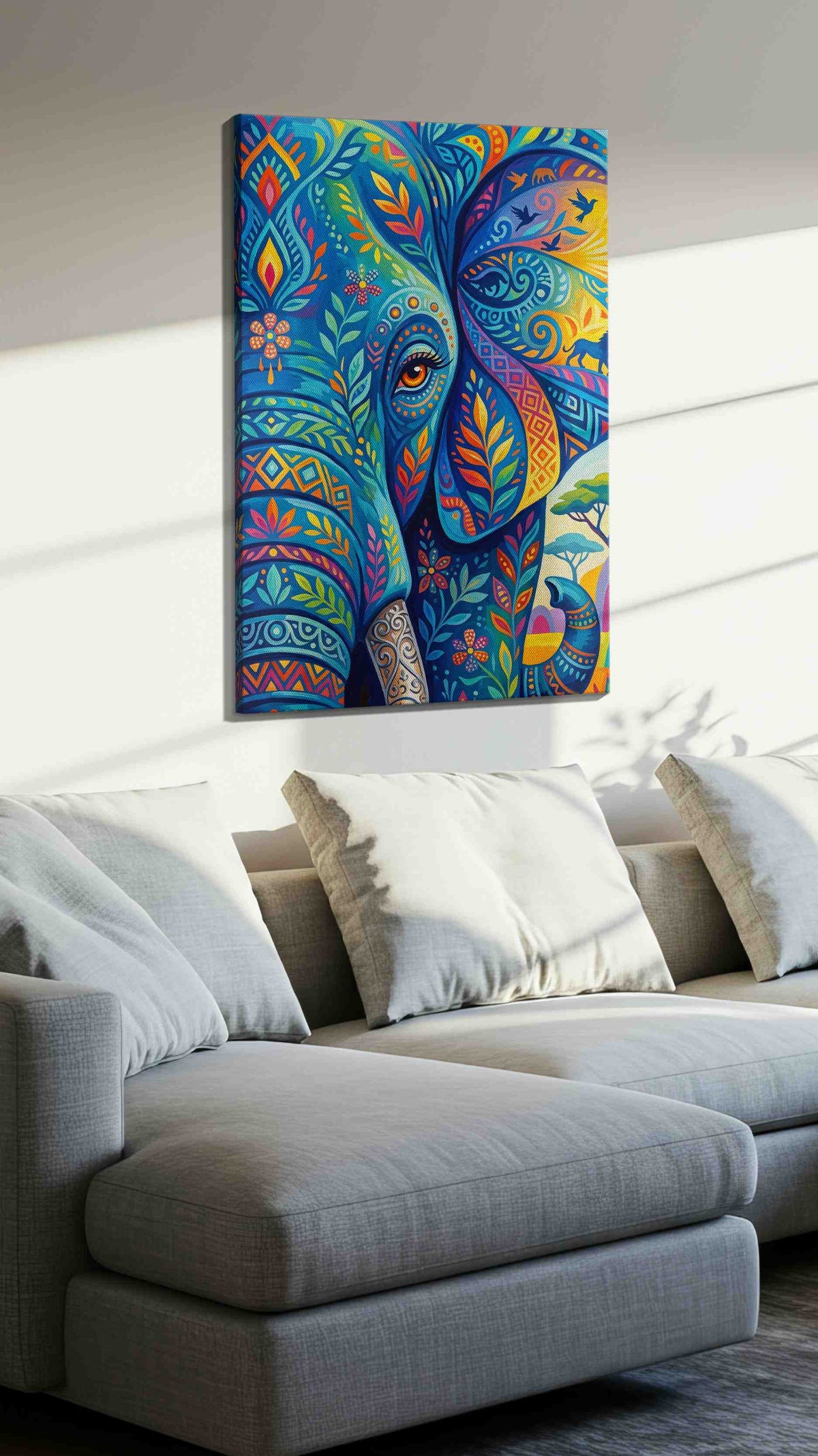 Elephant Dreams in Technicolor animals canvas print, displayed in a living room