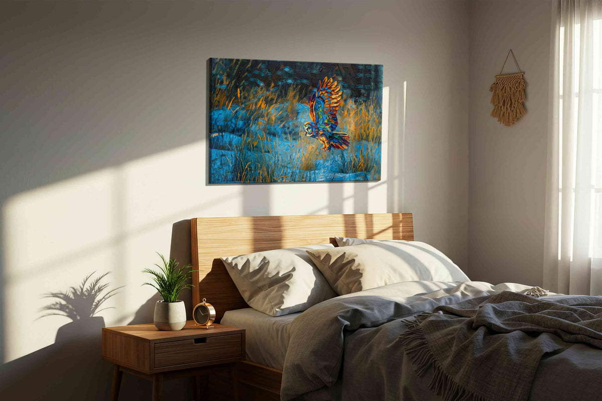 Flight of the Prism Owl animals canvas print, displayed in a bedroom