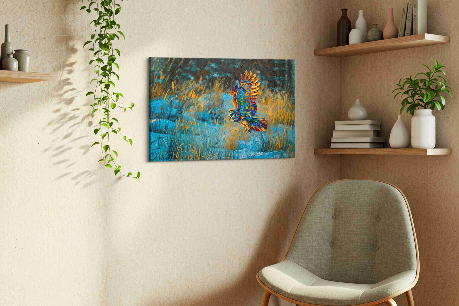 Flight of the Prism Owl animals canvas print styled in a living room