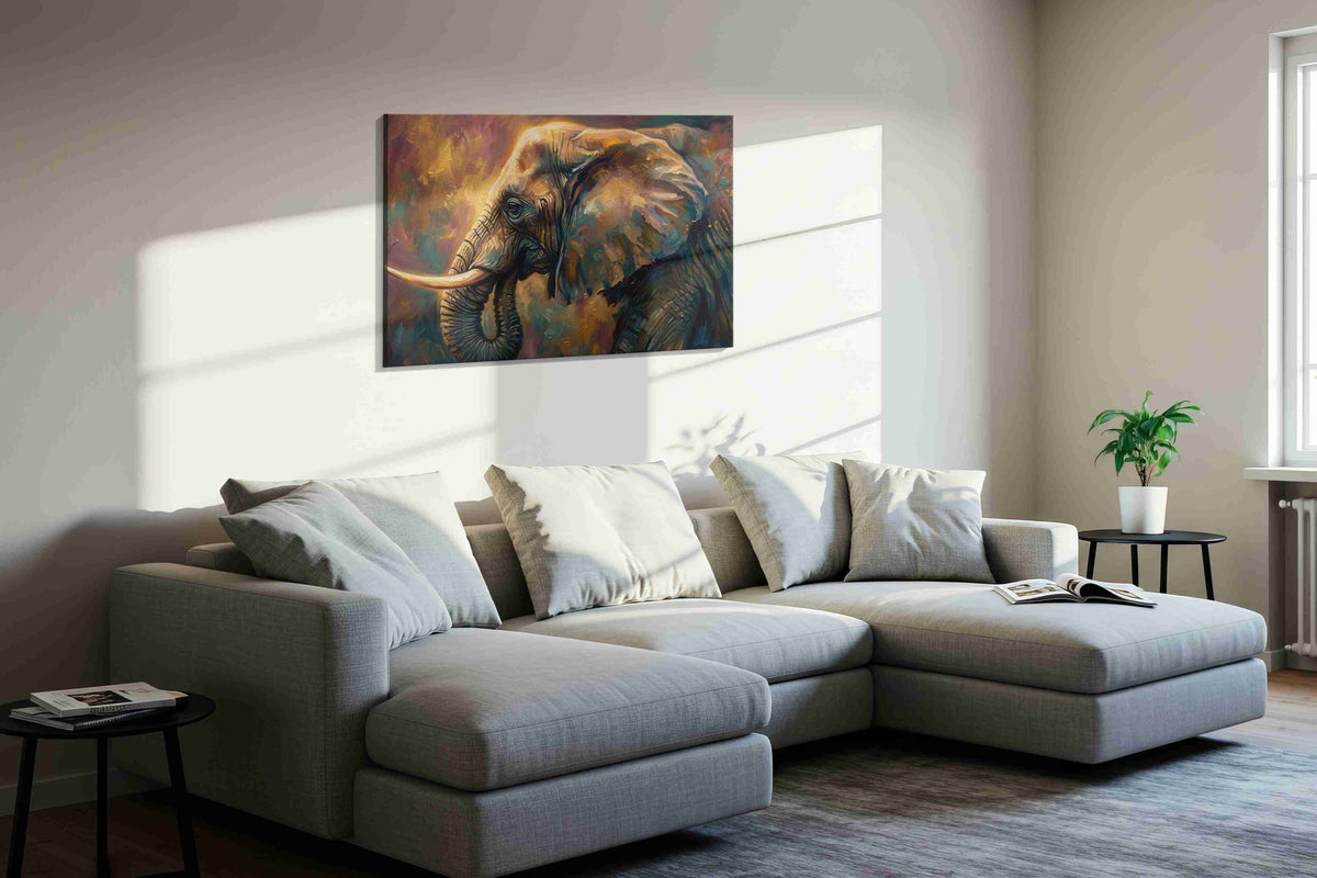 Majestic Elephantscape animals canvas print, displayed in a living room